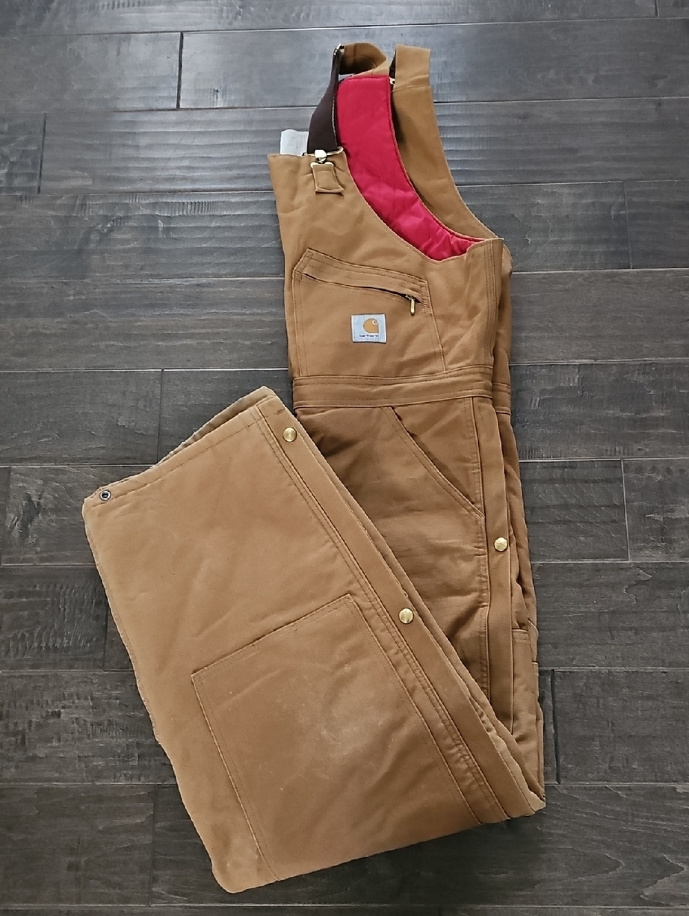 VINTAGE Beautiful Carhartt Brown Duck Bib Overalls with Red Lining Sz 40 X 30 - Picture 11 of 14